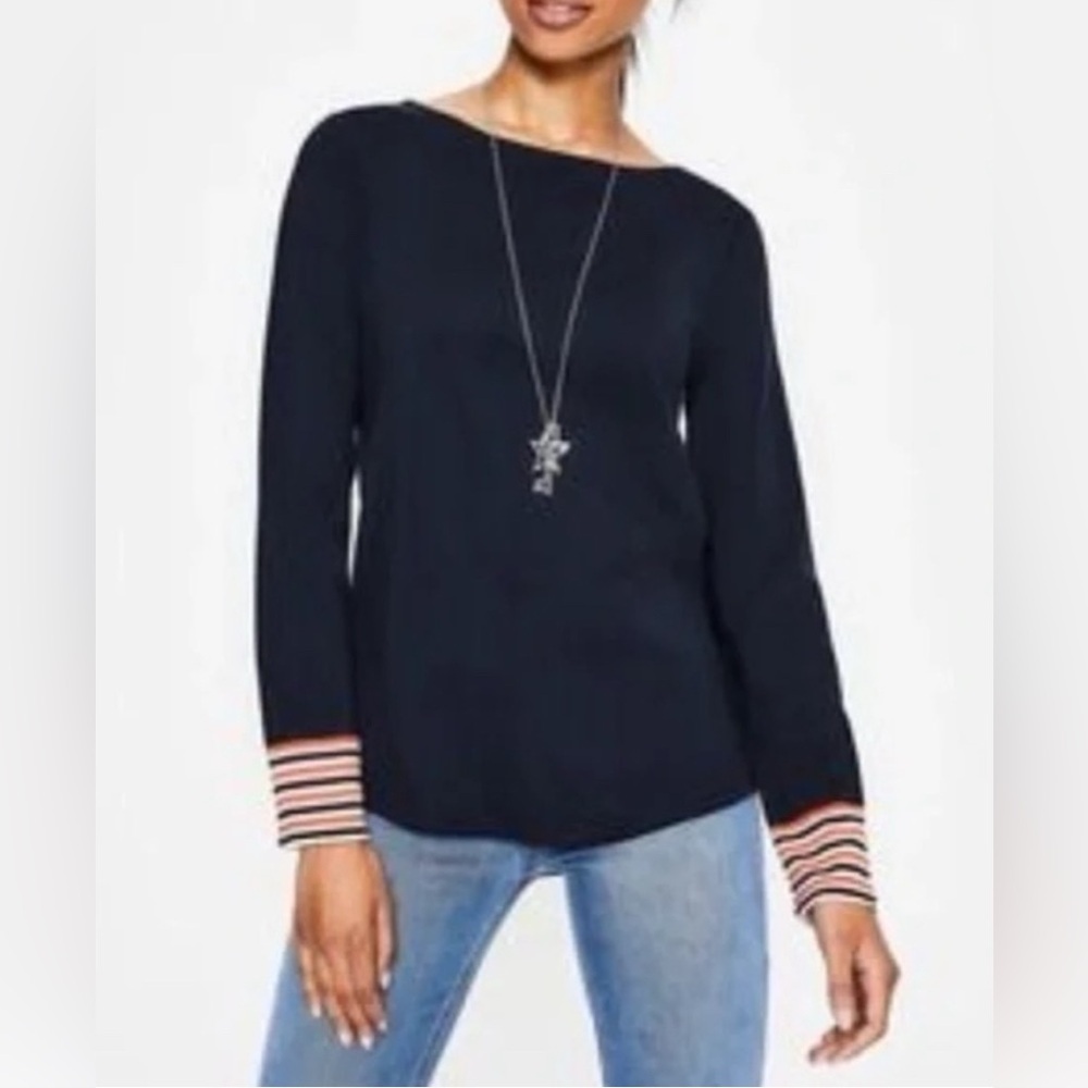 Boden | Navy Blue Striped Cuff Long Sleeve Boat Neck Tee, Large